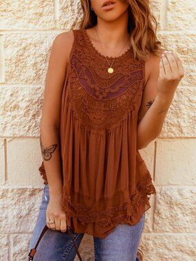 Boutique Women's Burnt Orange Lace Detail Button Back Sleeveless Top ~ MED ~ NWT